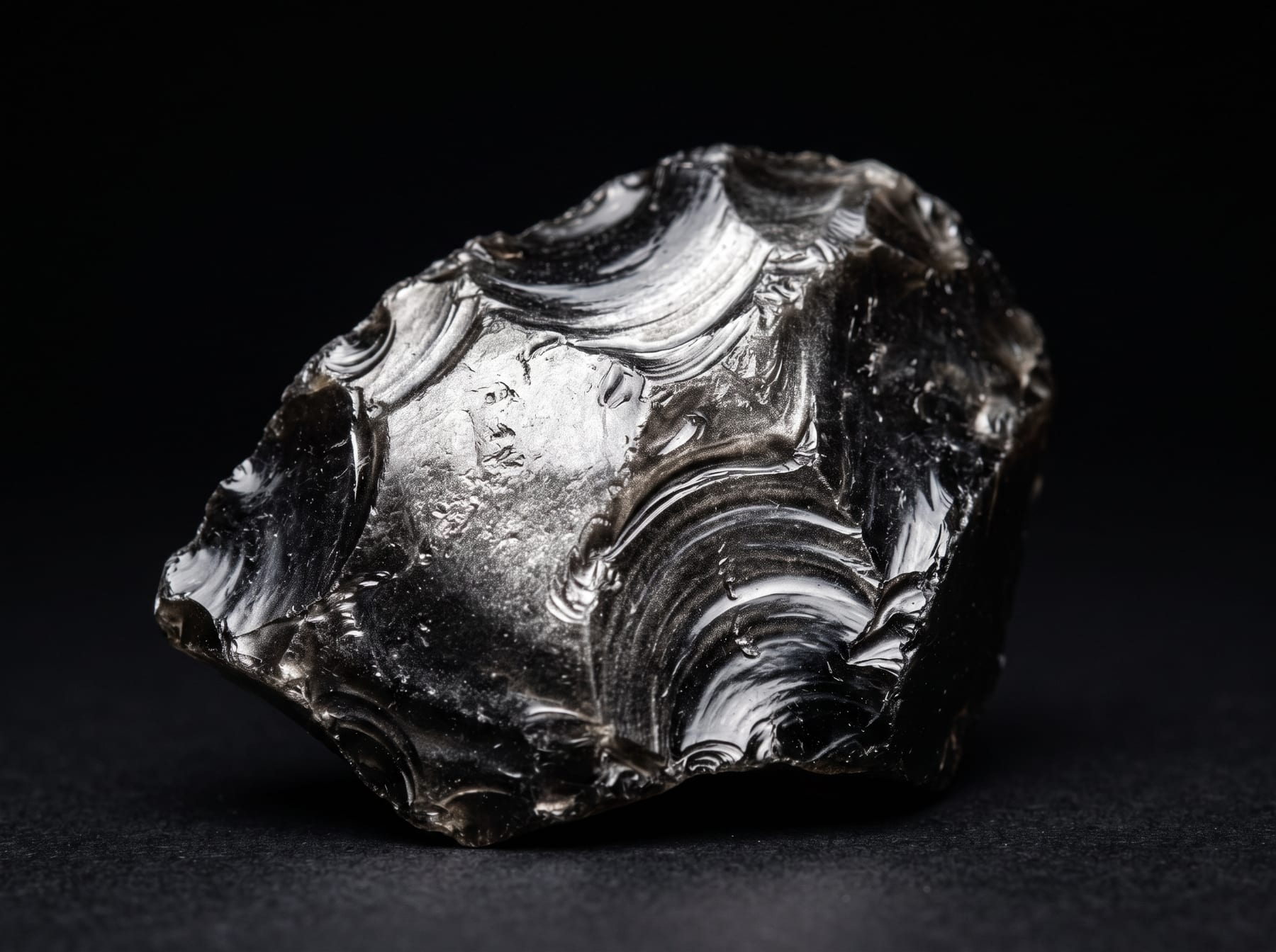 Makroaufnahme eines Silberobsidians mit metallischem Schimmer auf schwarzem Grund